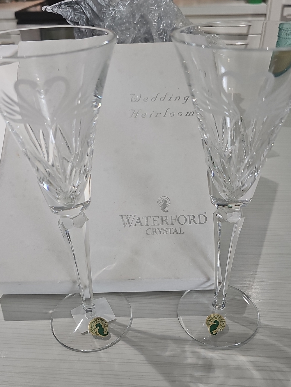 Waterford Clear Etched Crystal Champagne Flutes, Pair
